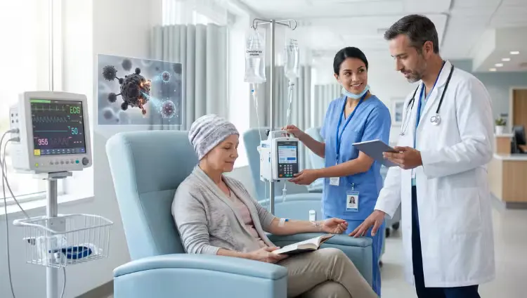 Chemotherapy treatment in Lucknow showing a cancer patient receiving IV drip infusion under doctor supervision in a modern hospital