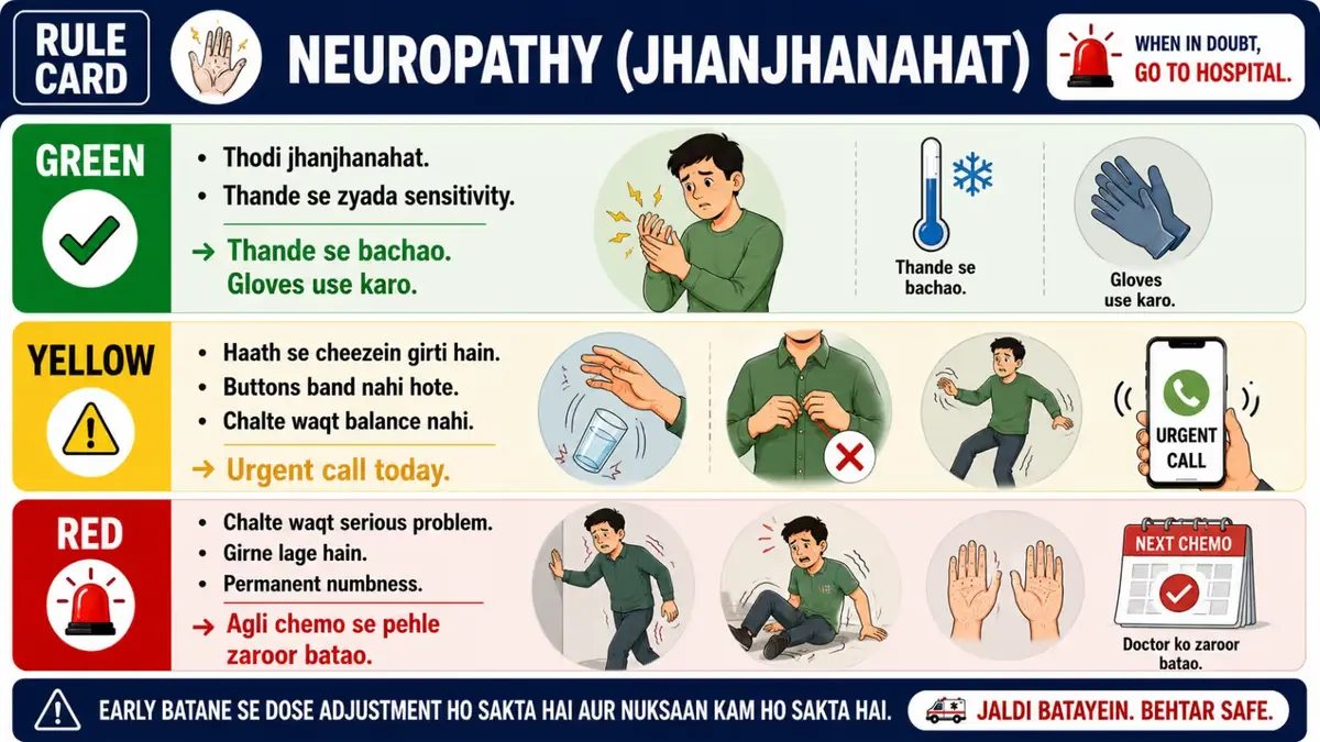 Hindi chemotherapy neuropathy guide showing green, yellow, and red symptoms of nerve damage. Includes tingling, cold sensitivity, difficulty buttoning clothes, balance problems, falls, and severe numbness requiring medical attention.