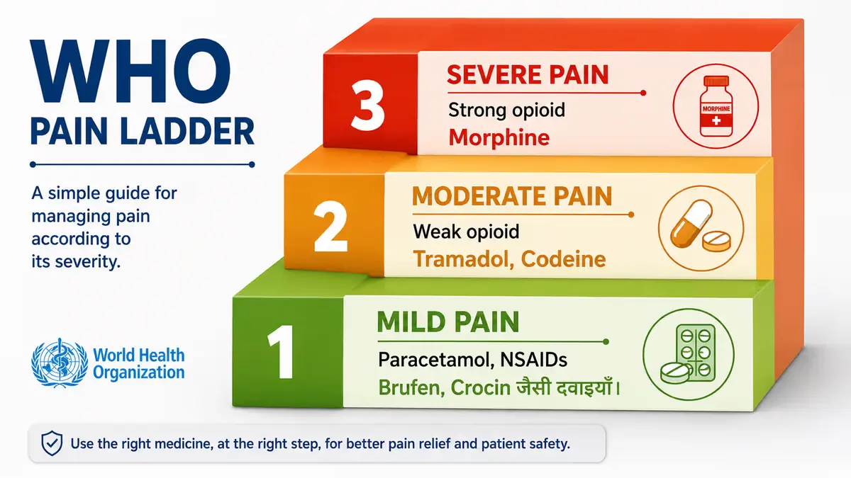 WHO Pain Ladder infographic in Hindi showing the three-step pain management approach: Step 1 for mild pain with Paracetamol and NSAIDs (Brufen, Crocin), Step 2 for moderate pain with weak opioids such as Tramadol and Codeine, and Step 3 for severe pain with strong opioids such as Morphine. Color-coded staircase design in 16:9 format for medical education