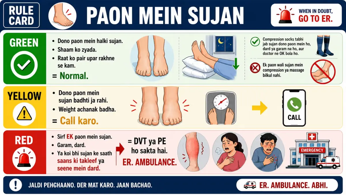 Leg swelling rule card illustrating green, yellow, and red alert levels for cancer patients, including normal swelling, worsening swelling, sudden weight gain, DVT warning signs, and emergency care instructions.