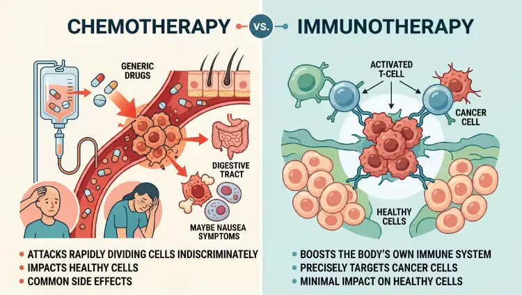 Side by side comparison of chemotherapy and immunotherapy showing difference in treatment approach and impact on cancer cells