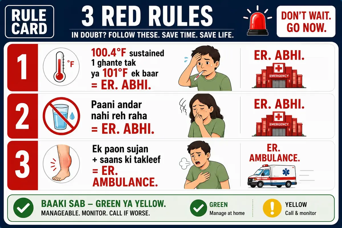 Hindi chemotherapy emergency rule card showing three red-alert symptoms requiring immediate ER visit: fever above 100.4°F, inability to keep fluids down due to vomiting or diarrhea, and leg swelling with breathing difficulty. Cancer Education Network patient safety guide.