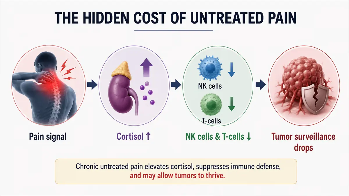 The Hidden Cost of Untreated Pain: A clean 16:9 medical infographic illustrating how chronic untreated pain increases cortisol levels, suppresses natural killer (NK) cells and T-cells, and reduces tumor immune surveillance. The diagram follows the sequence: Pain Signal → Cortisol ↑ → NK Cells & T-Cells ↓ → Tumor Surveillance Drops, using simple icons and directional arrows on a white background.