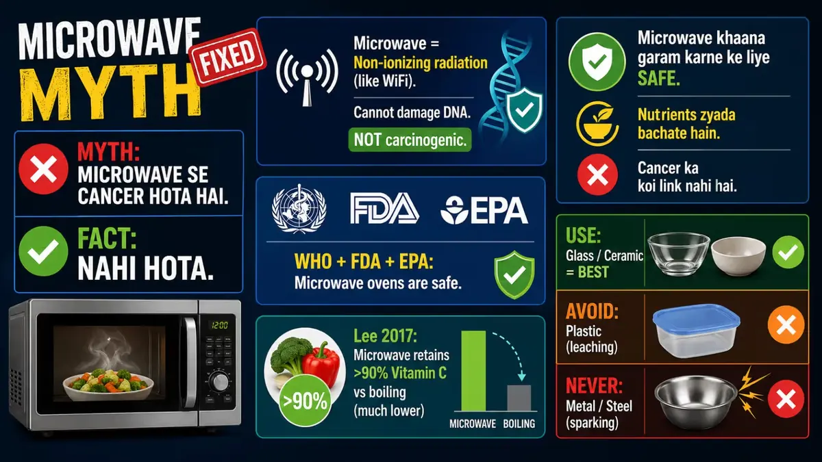 Microwave safety myth infographic explaining that microwave radiation is non-ionizing, does not cause cancer, and is safe for reheating food when using glass or ceramic instead of plastic or metal.