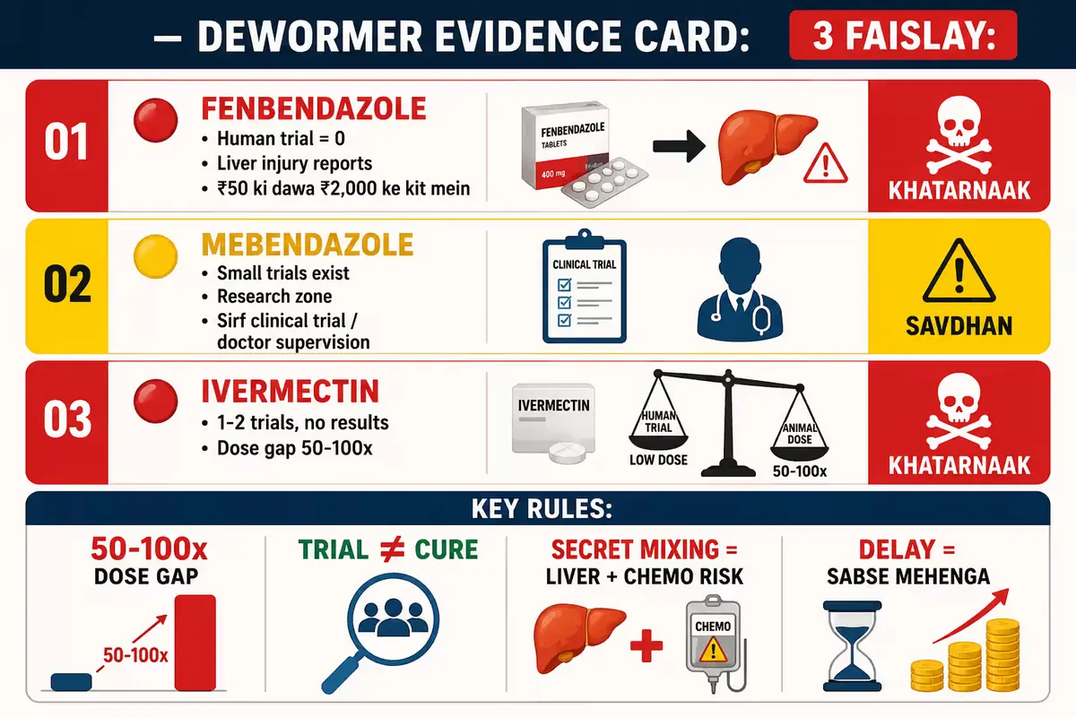 Infographic explaining risks and evidence behind dewormer drugs like Fenbendazole, Mebendazole, and Ivermectin for cancer treatment, highlighting liver injury risks, lack of human trials, dose gap issues, and chemotherapy safety concerns in Hindi.
