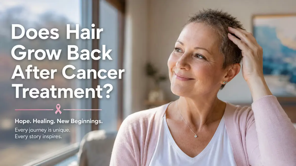 Hopeful female cancer survivor smiling near a sunlit window while touching her short regrowing hair after chemotherapy, featured in a healthcare awareness banner about hair growth after cancer treatment.