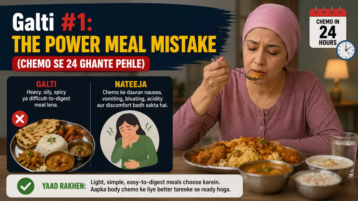 Cancer patient eating a heavy spicy meal before chemotherapy, highlighting mistake #1 before chemo treatment. The image explains that oily and difficult-to-digest food 24 hours before chemotherapy can increase nausea, vomiting, bloating, acidity, and discomfort, while recommending light and easy-to-digest meals.