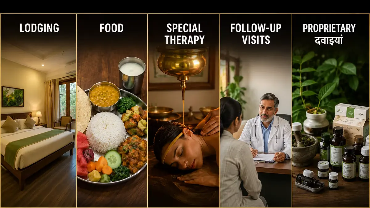 16:9 promotional banner showcasing five Ayurvedic wellness services: comfortable lodging, healthy vegetarian meals, special Ayurvedic therapy with oil treatment, doctor follow-up consultation, and proprietary herbal medicines, displayed in five vertical panels with gold dividers on a dark background