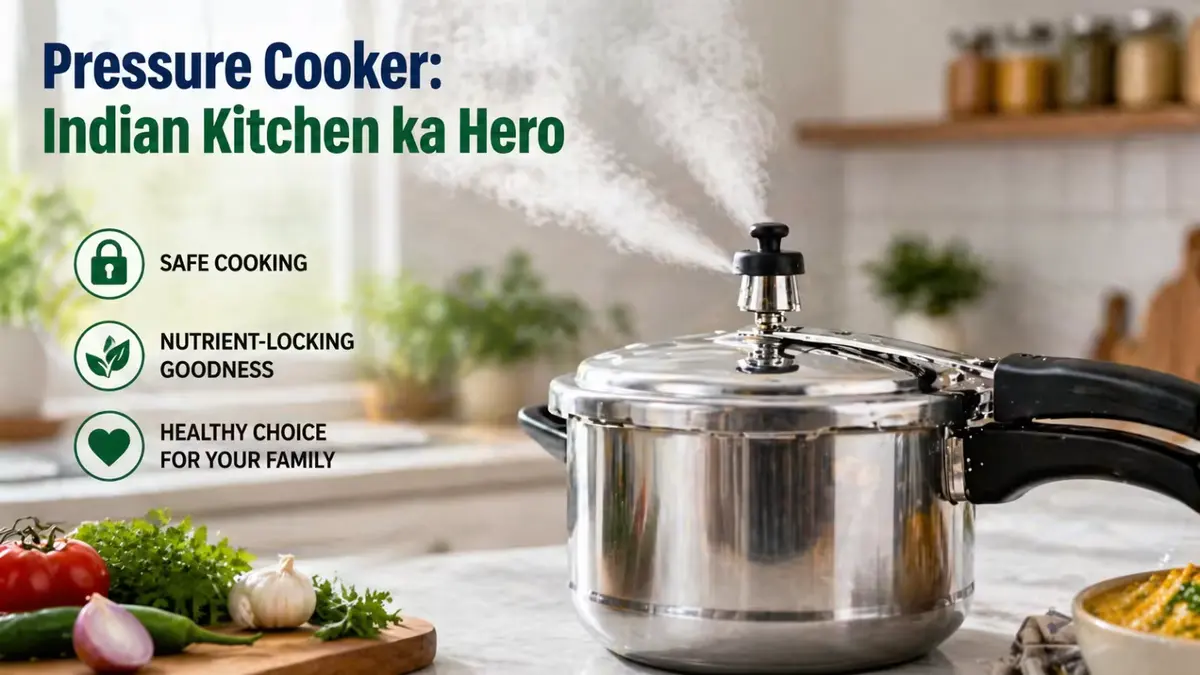 Modern stainless steel pressure cooker releasing steam in an Indian kitchen with text highlighting safe cooking, nutrient-locking goodness, and healthy family cooking benefits.