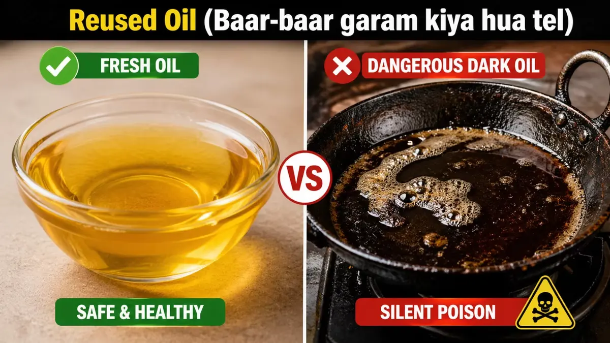 Comparison of fresh cooking oil vs reused dark oil in Indian cooking, showing clear yellow oil labeled safe and healthy versus black reheated oil labeled dangerous and harmful.