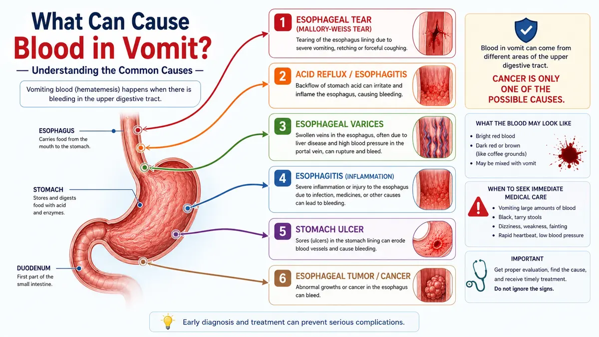 Common causes of blood in vomit including ulcers gastritis and esophageal cancer