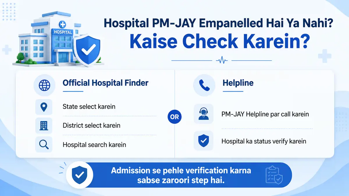 "Premium blue and white healthcare infographic in Hindi explaining how to check if a hospital is PM-JAY empanelled. Features a hospital building with a shield icon, two-column layout with Official Hospital Finder steps (select state, district, search hospital) and PM-JAY Helpline verification steps, plus a highlighted reminder to verify the hospital before admission. 16:9 minimal healthcare design."