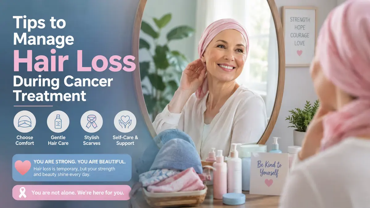 Confident cancer patient wearing a pink scarf and smiling into a mirror with supportive hair care products and soft hats, promoting tips to manage hair loss during cancer treatment in a hopeful healthcare awareness banner.
