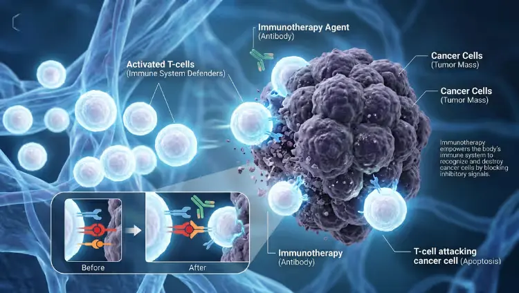 Illustration of immunotherapy mechanism where T cells attack cancer cells inside the human body showing immune system response