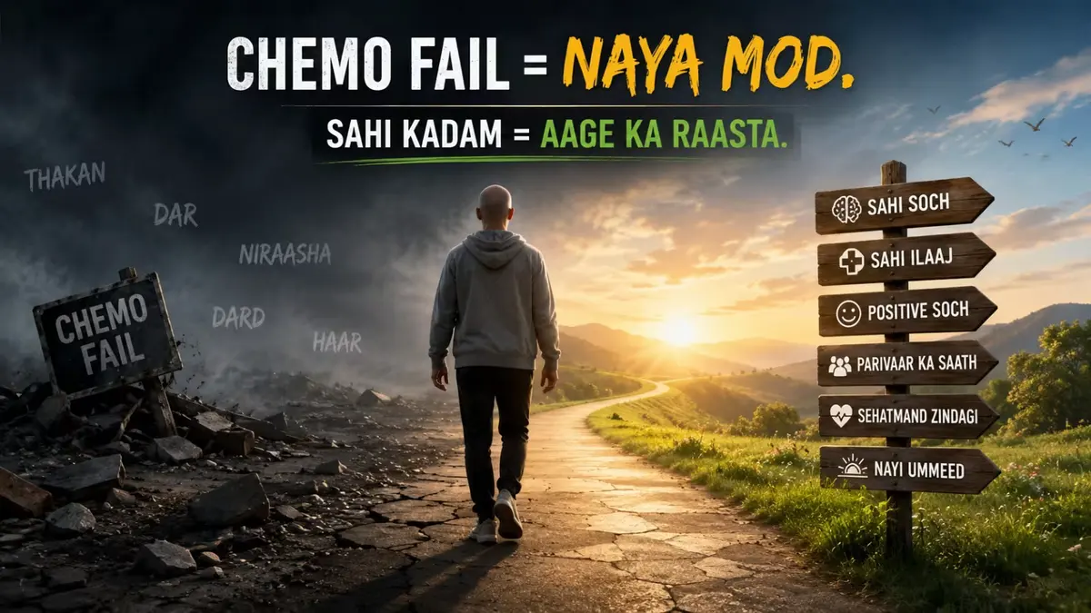 Patient walking from a dark path labeled “Chemo Fail” toward a brighter future, illustrating hope and next treatment options after chemotherapy failure. The image highlights positive thinking, correct treatment decisions, family support, palliative care, and renewed hope for cancer patients.