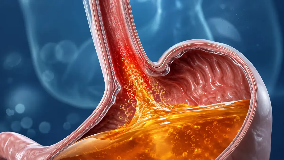 "High-end 3D medical illustration of gastroesophageal reflux disease (GERD) showing a cross-section of the stomach and lower esophagus. Glowing amber stomach acid refluxes upward into the esophagus, causing visible red irritation and inflammation of the esophageal lining. Photorealistic medical visualization with cinematic lighting on a clean blue healthcare background