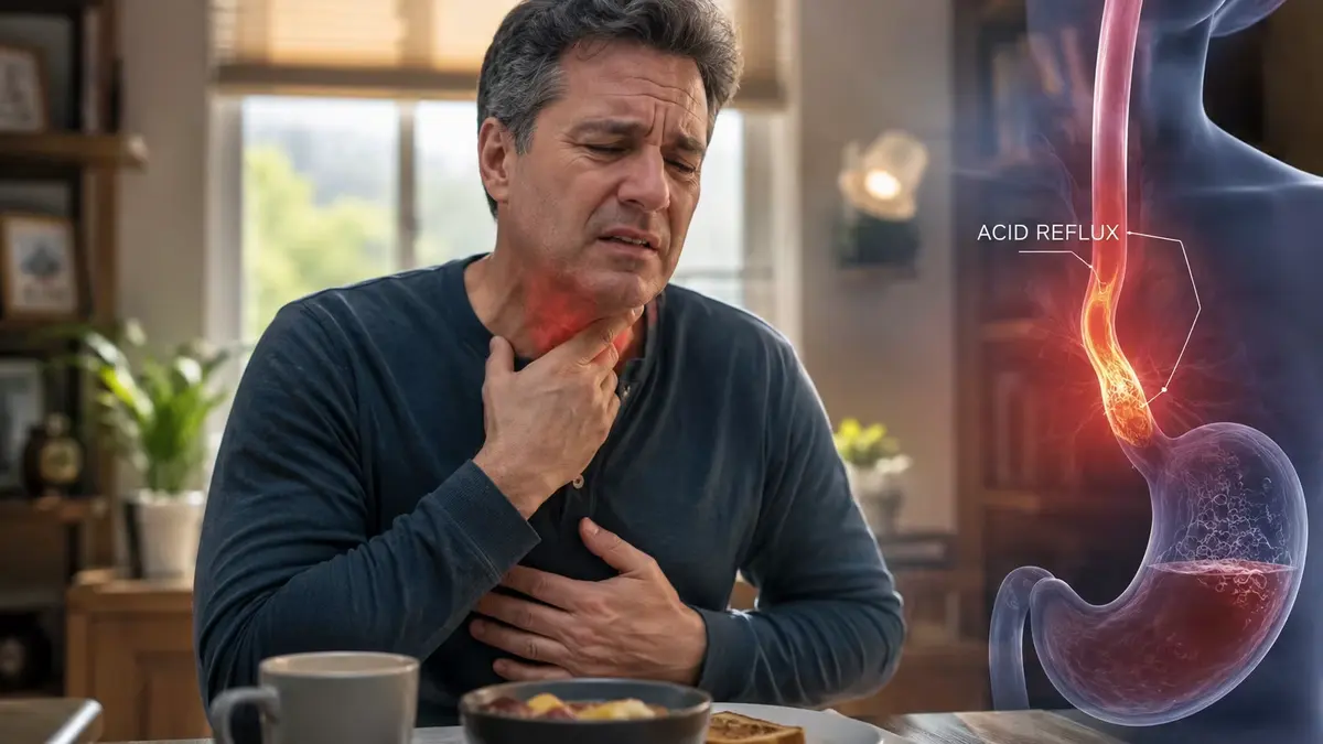 Man experiencing acid reflux symptoms with highlighted esophagus medical overlay.